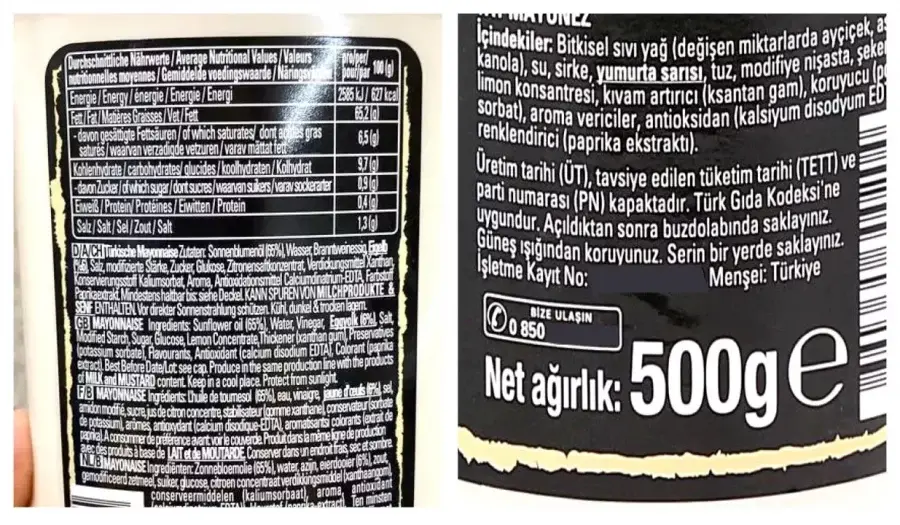 Solda Almanya'da üretilen mayonez içeriği / Sağda Türkiye'de üretilen mayonez içeriği