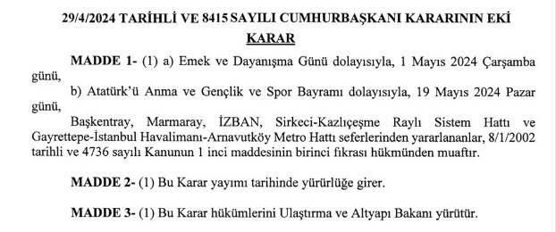 1 Mayıs'ta İstanbul, Ankara ve İzmir'de raylı sistemlerde ulaşım ücretsiz olacak 3