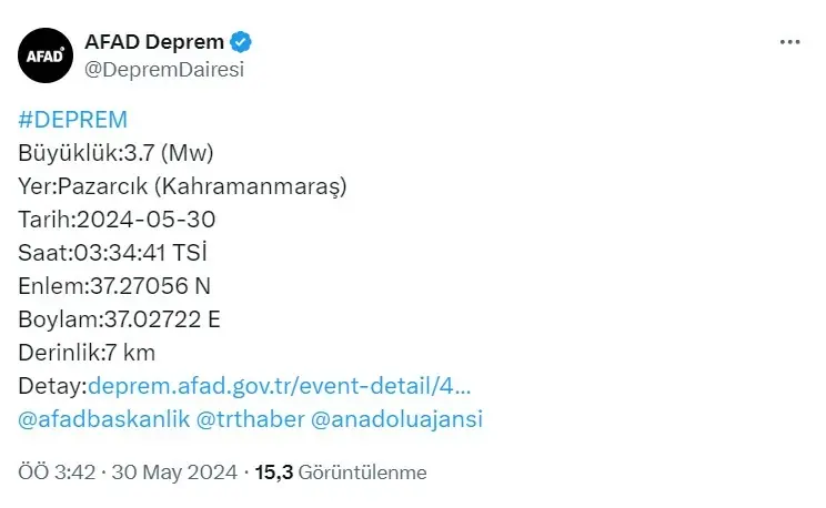 30 Mayıs Kahramanmaraş'ta kaç şiddetinde deprem oldu?
