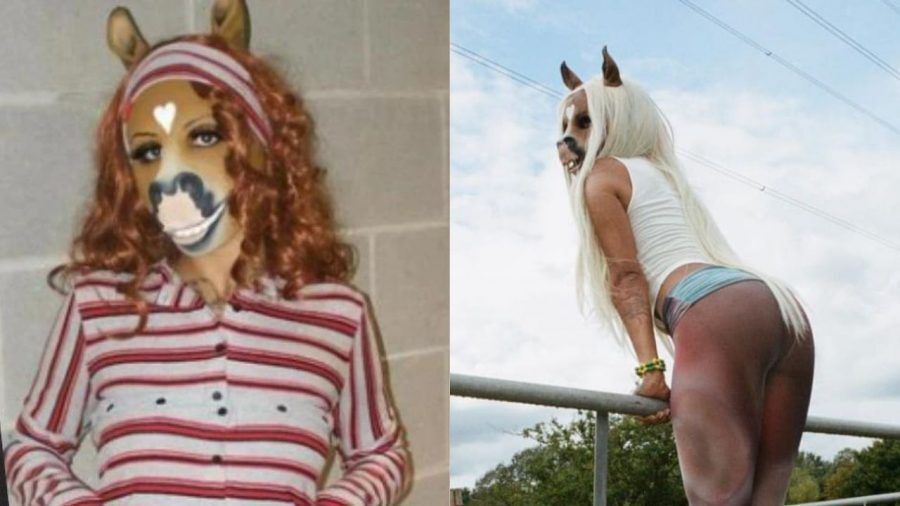 At suratlı kadın Stella'nın plastik bir at maskesi taktığı iddia edildi 2