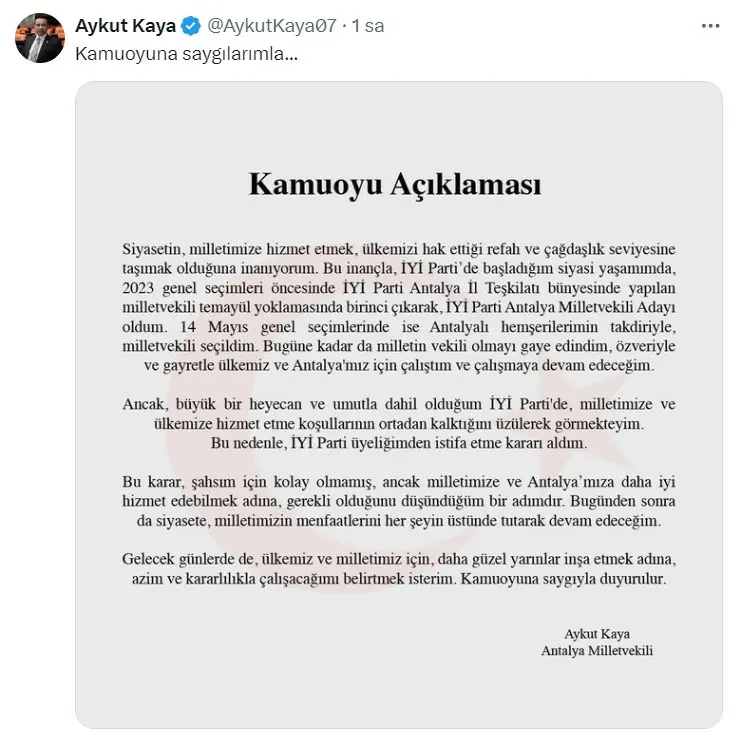 Antalya Milletvekili Aykut Kaya’nın Istifası Sonra İyi Parti’nin Meclis’teki Sandalye Sayısı 36’ya Düştü